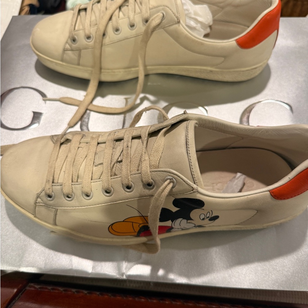 Gucci Cream Sneakers with Mickey Mouse and Orange Detail - Picture 2 of 7